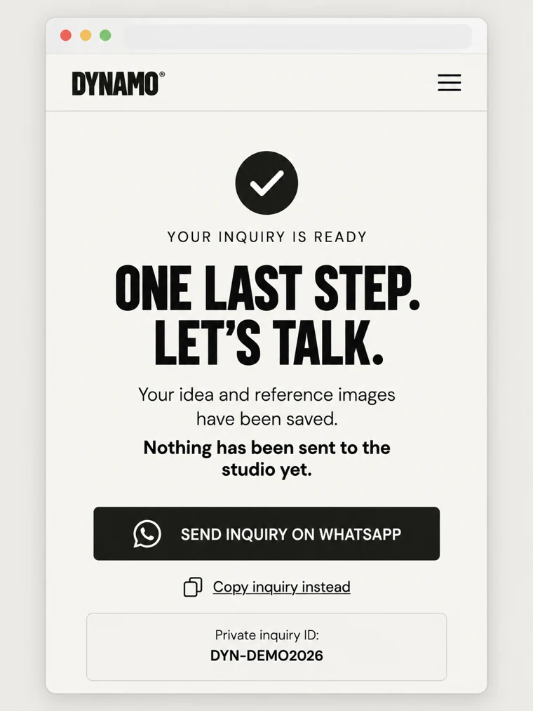 Saved inquiry confirmation stating that nothing has been sent to the studio yet, with WhatsApp and copy options