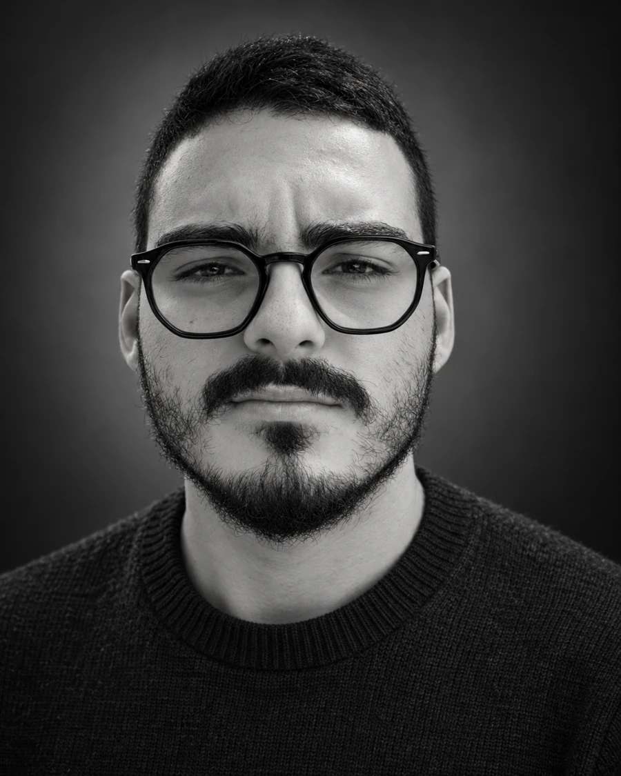 Martin Minakov, wearing glasses and a dark knit sweater
