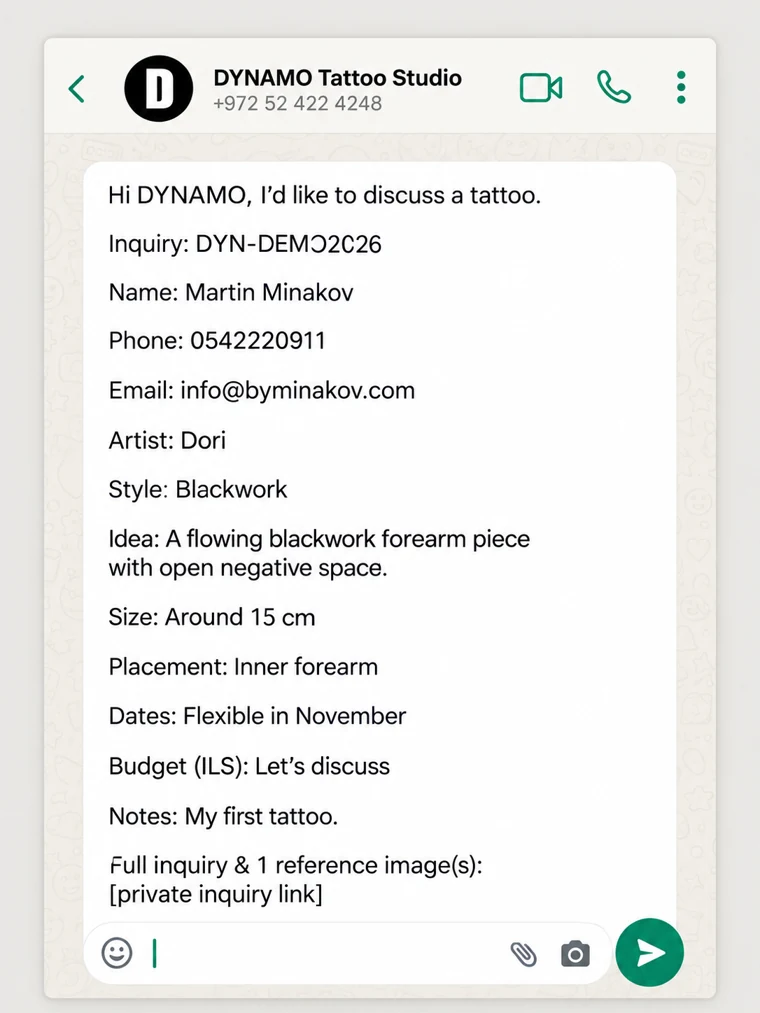 An unsent WhatsApp draft addressed to DYNAMO, containing the structured tattoo inquiry and a private reference link